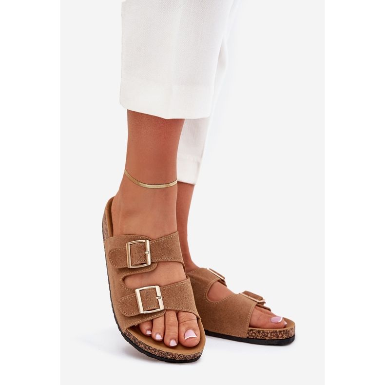 Boto Chanclas para mujeres con abrazaderas doradas y luner marrón claro 1