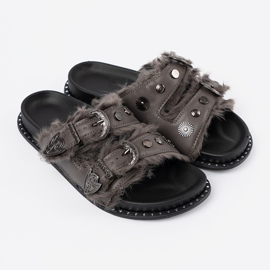 Shelvt Chanclas grises con piel y tachuelas 2