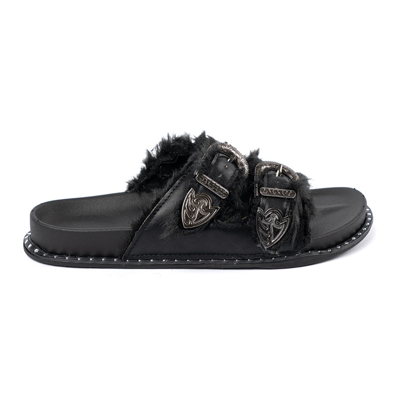 Shelvt Zapatillas con pelaje y hebillas negro 2