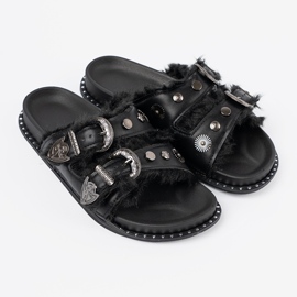 Shelvt Zapatillas con pelaje y hebillas negro 3
