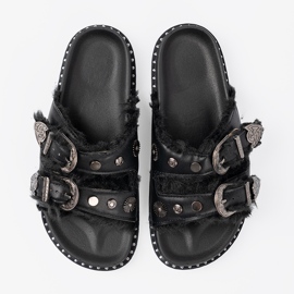 Shelvt Zapatillas con pelaje y hebillas negro 5