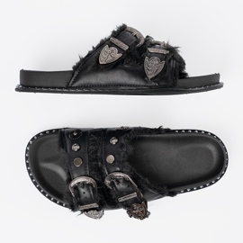 Shelvt Zapatillas con pelaje y hebillas negro 4