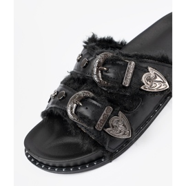 Shelvt Zapatillas con pelaje y hebillas negro 1