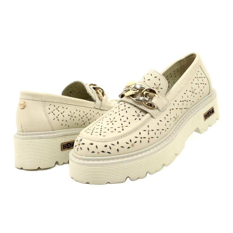 Cuero de mocasines para mujeres de cuero en la plataforma con decoración CLW319405 beige 4