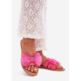 Boto Chanclas de mujer plana con un arco de tul Fuksja Tanira rosa 1