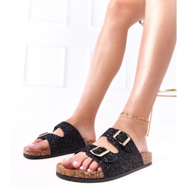 Chanclas negras de brillo en la suela de corcho de la flota negro 1 Chanclas negras de brillo en la suela de corcho de la flota negro 1