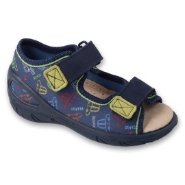Pantuflas infantiles befado con velcro, aplicación de piel 063P016, azul marino 1