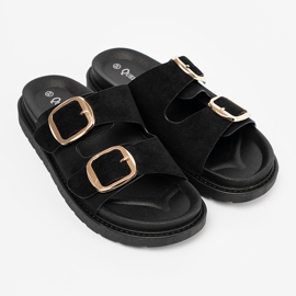 Shelvt Chanclas negras de las mujeres con hebillas doradas negro 2 Shelvt Chanclas negras de las mujeres con hebillas doradas negro 2