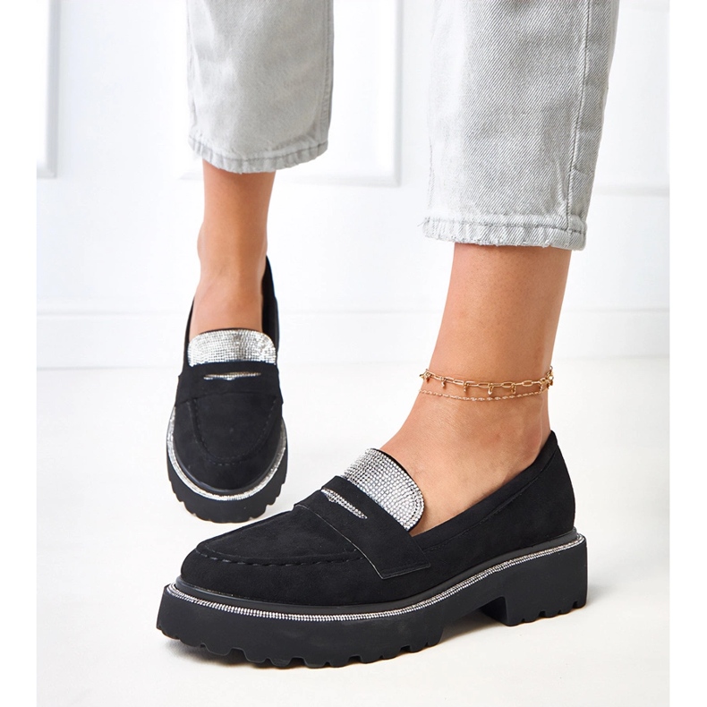 Mocasines Ekozamszu negros decorados con circonio cúbico Klooren 1