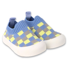 Zapato bebé befado azul con estampado de cuadros amarillos y grises 002P063 1