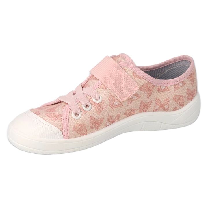 Pantuflas infantiles befado con velcro 351Y033, rosa con mariposas 1