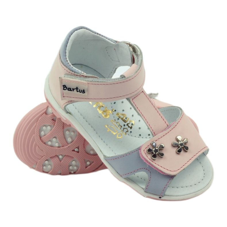 Sandalias de niña de cuero para velcro 138 rosa Bartuś gris 3