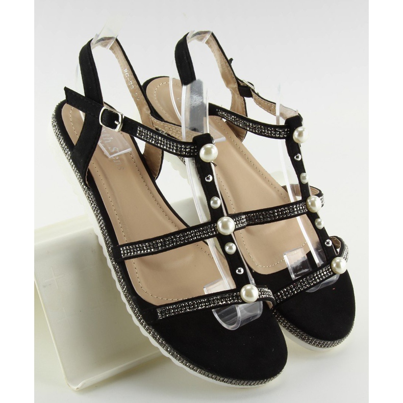 Negro RC-33 Sandalias negras con perlas 2