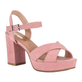 Flyfor Sandalias de ante con tacón rosa 1
