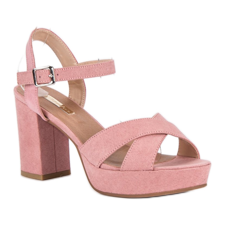 Flyfor Sandalias de ante con tacón rosa 1