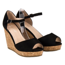 Super Me Sandalias en un tacón de cuña de corcho negro 6