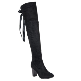 Forever Folie Elegantes botas de tacón alto hasta el muslo negro 1