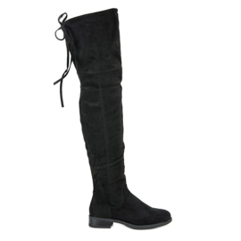 Botas negras hasta el muslo con tacón plano negro 1