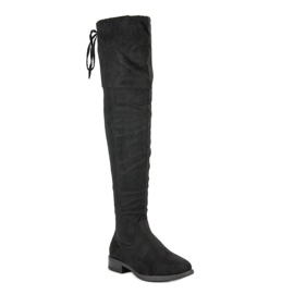 Botas altas hasta el muslo con tacón plano negro 2