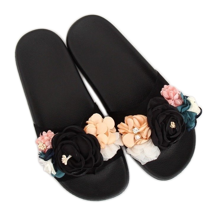Negro BG19 Pantuflas negras con flores 1