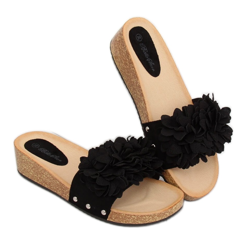 Black S63 Pantuflas negras con flores negro 1 Black S63 Pantuflas negras con flores negro 1