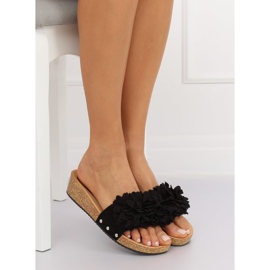 Black S63 Pantuflas negras con flores negro 2