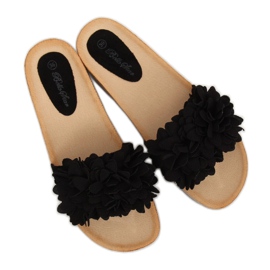 Black S63 Pantuflas negras con flores negro 3