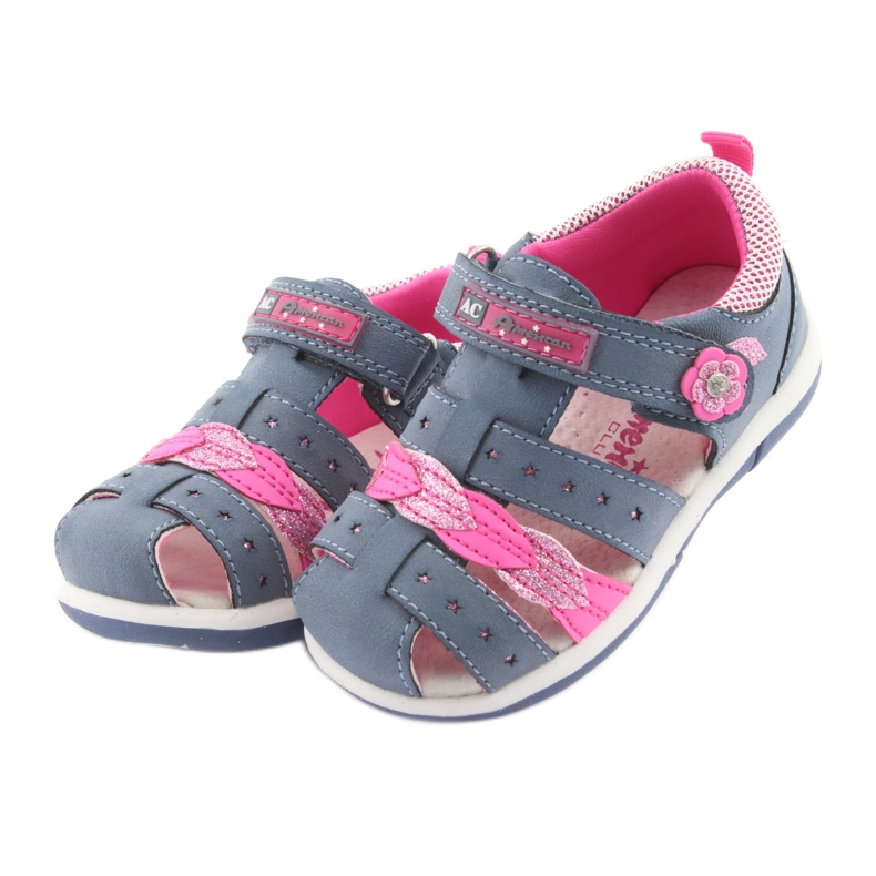 American Club Sandalias de mezclilla American DR18 para niña azul rosa 3