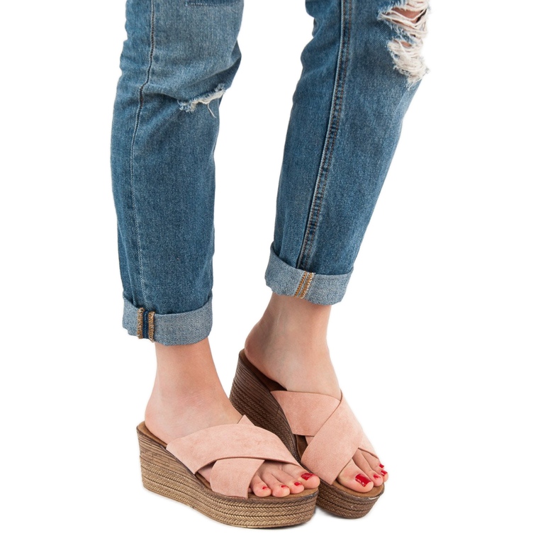 SHELOVET Pantuflas de cuña en polvo rosa 2