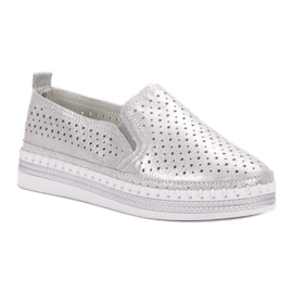 Goodin Slipons de cuero plateados gris 3