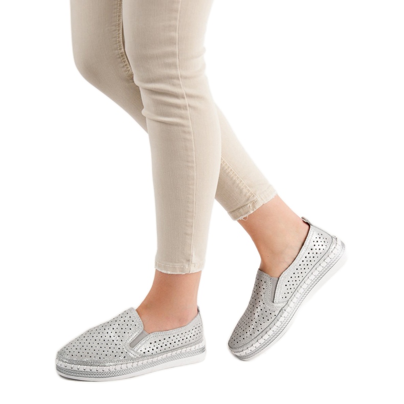 Goodin Slipons de cuero plateados gris 1