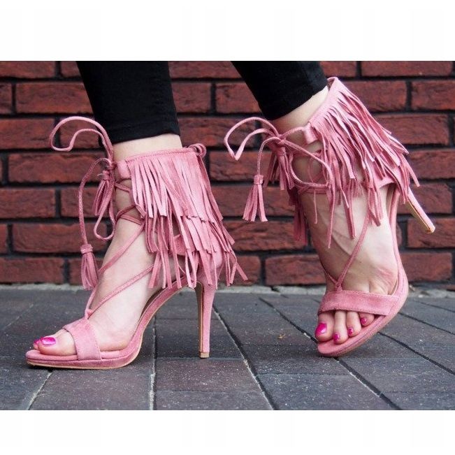 Sandalias de tacón alto con flecos Boho 8125 Rosa 1
