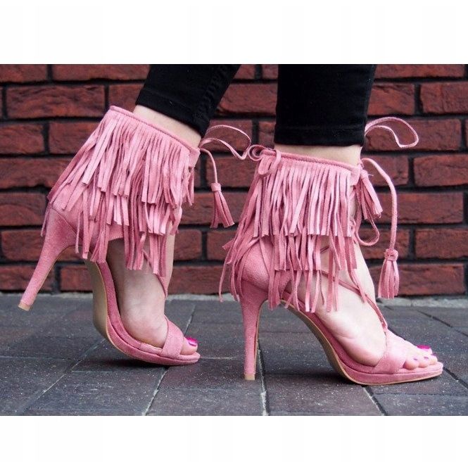 Sandalias de tacón alto con flecos Boho 8125 Rosa 2