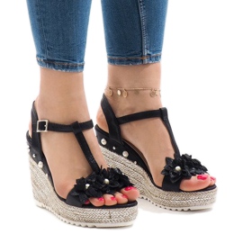 Sandalias de cuña negras con flores T-682-5 negro 1