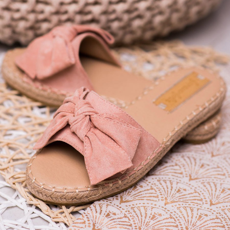 Forever Folie Pantuflas de ante con lazo rosa 1