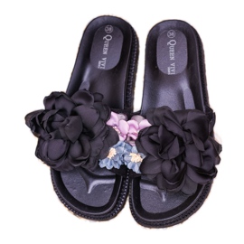 Queen Vivi Pantuflas de Ante con Flores negro 6