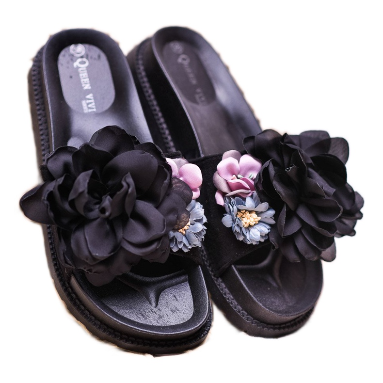 Queen Vivi Pantuflas de Ante con Flores negro 2