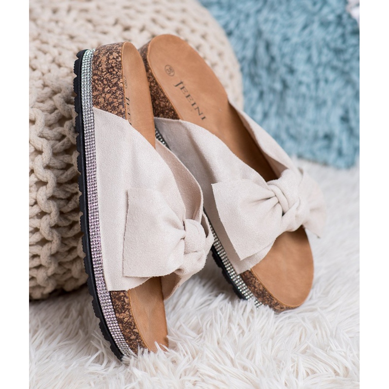 SHELOVET Pantuflas de Ante con Cristales beige 2 SHELOVET Pantuflas de Ante con Cristales beige 2