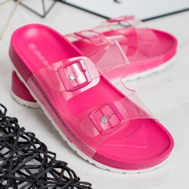 Ideal Shoes Pantuflas transparentes con hebilla rosado 4