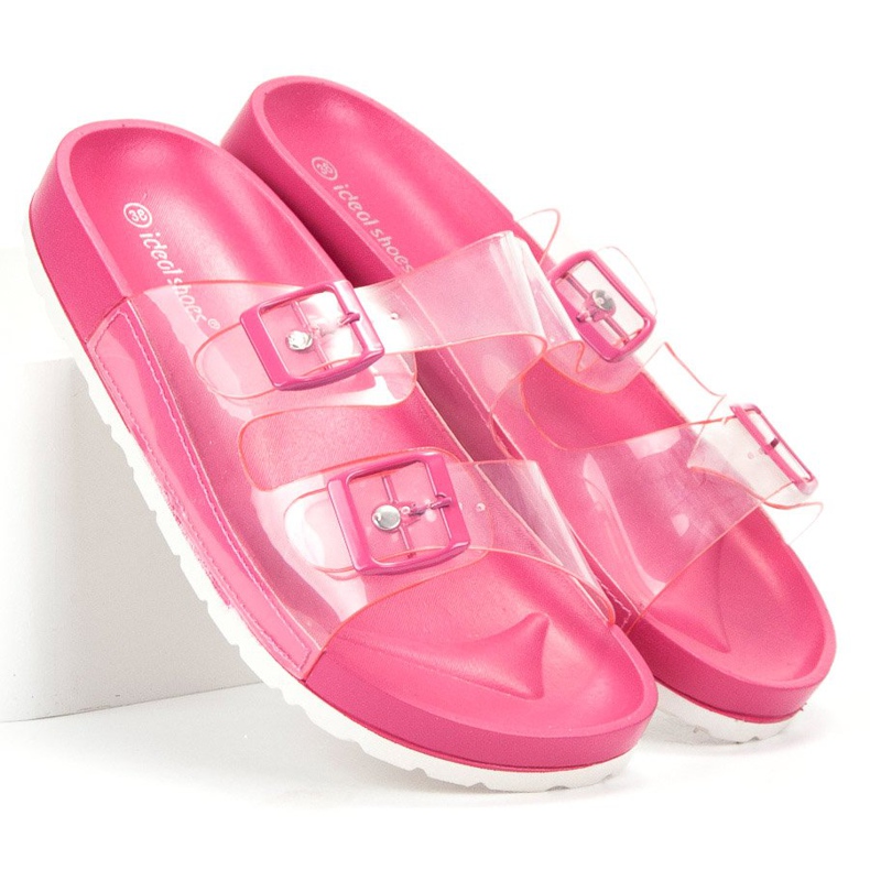 Ideal Shoes Pantuflas transparentes con hebilla rosa 1