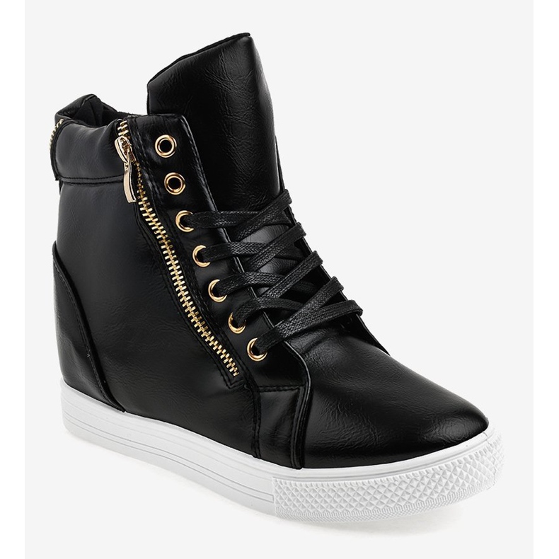 Zapatillas negras con tacón de cuña con cremallera dorada DD477-1 negro 1 Zapatillas negras con tacón de cuña con cremallera dorada DD477-1 negro 1