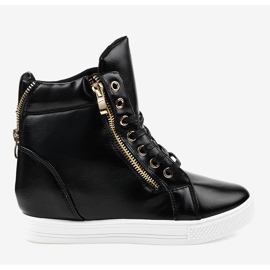 Zapatillas negras con tacón de cuña con cremallera dorada DD477-1 negro 2