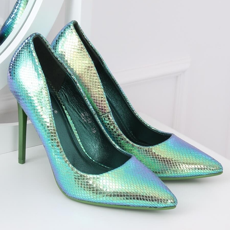 Zapatos de salón en un tacón de aguja holográfico azul y verde NF-52 Azul 1