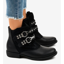 Botines negros de tacón plano con hebillas A-256 3