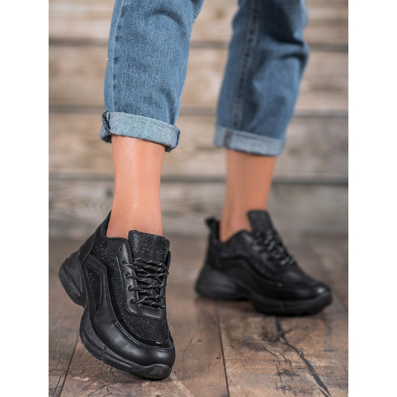 SHELOVET Zapatos deportivos brillantes negro 2