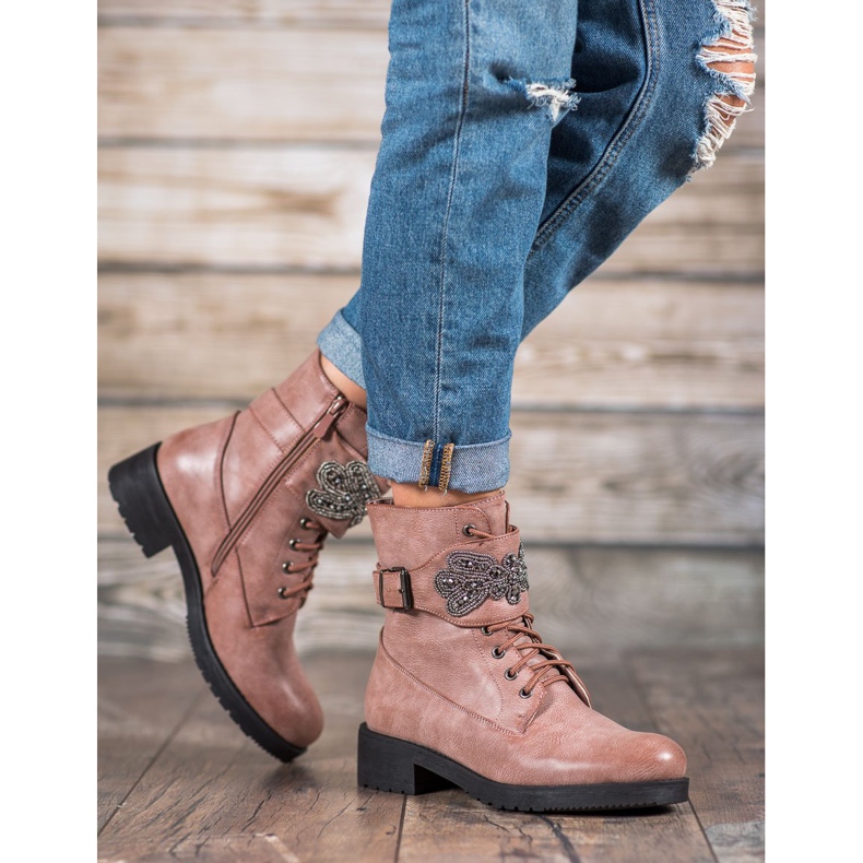 Super Me Botas con cordones y adorno rosado 2