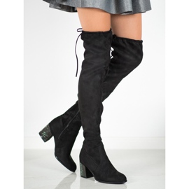 SHELOVET Botas hasta el muslo con tacón decorativo negro 3