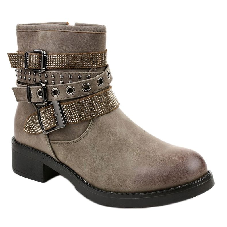 Botines caqui de tacón plano con hebilla 7365-PA verde 1 Botines caqui de tacón plano con hebilla 7365-PA verde 1