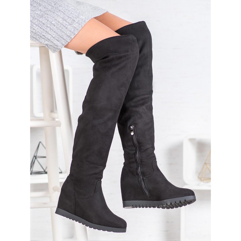 SHELOVET Botas de cuña de ante negro 2