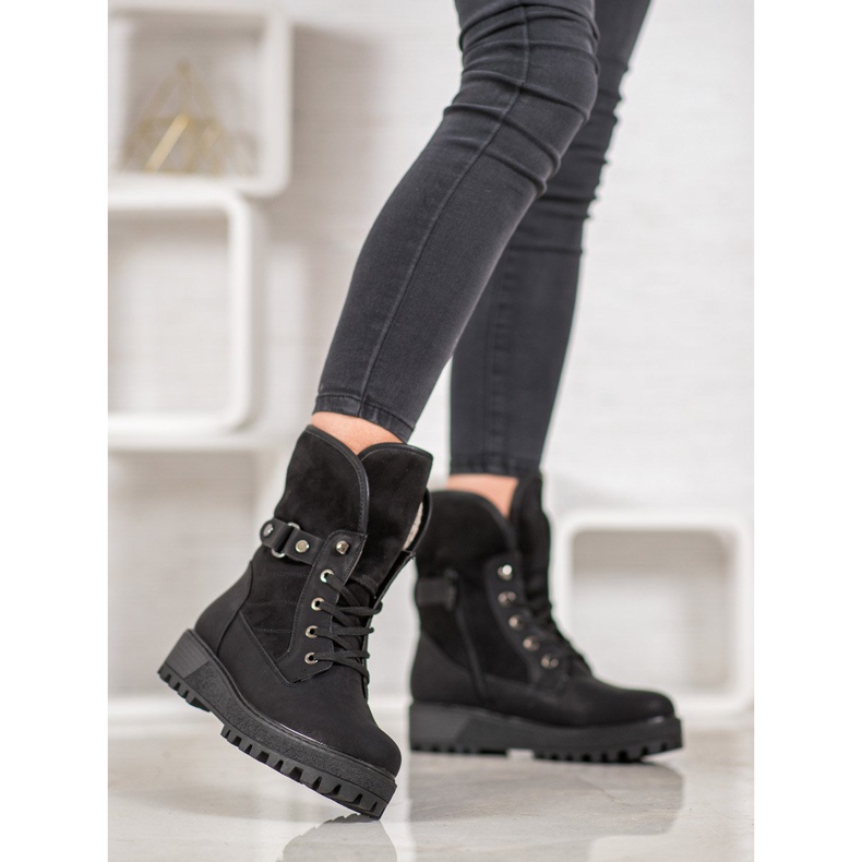 SHELOVET Botas de cordones con piel de oveja negro 2